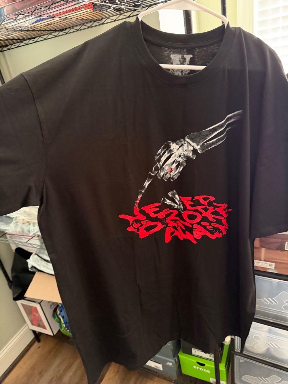 VLONE Black Short-Sleeve Tee with Red Graphic and Skeleton Hand